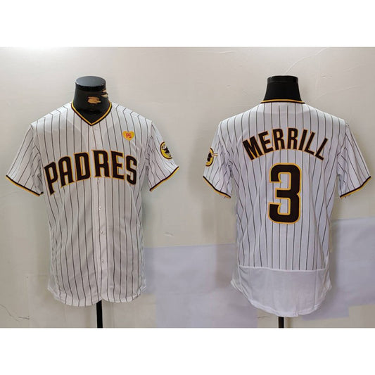 San Diego Padres #3 Jackson Merrill White RONA With PS Patch Stitched Flex Base Jersey 2