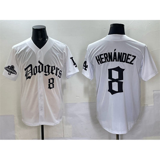 Los Angeles Dodgers #8 Enrique Hern¨¢ndez White RONA 2025 LA Gothic Style With 2024 World Series Champions Patch Vapor Premier Limited Stitched Jersey