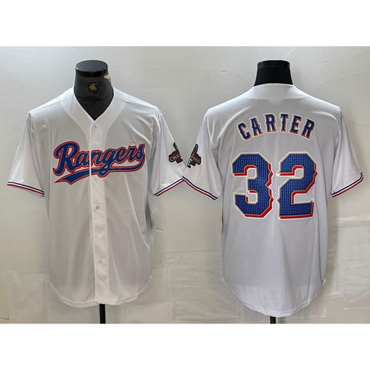 Texas Rangers #32 Evan Carter White RONA 2023 World Series Champions Cool Base Jersey