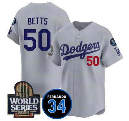 Los Angeles Dodgers #50 Mookie Betts Grey RONA 2024 World Series With Fernando Memorial Patch Limited Stitched Jersey