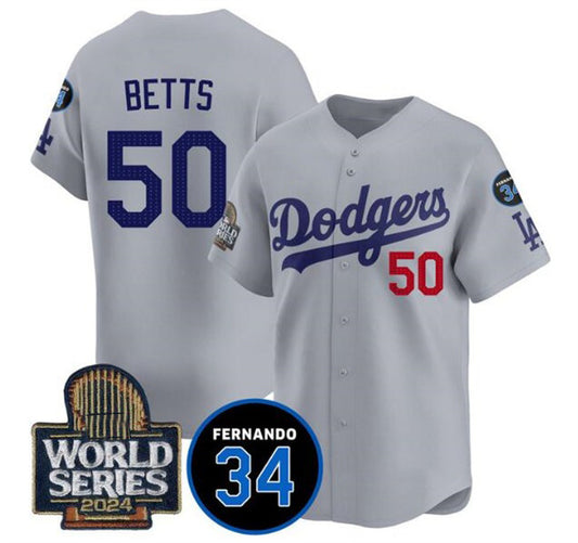 Los Angeles Dodgers #50 Mookie Betts Grey RONA 2024 World Series With Fernando Memorial Patch Limited Stitched Jersey