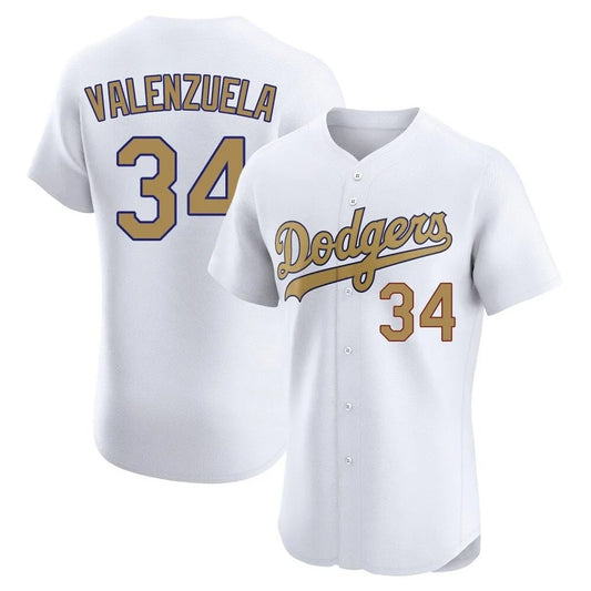 Los Angeles Dodgers #34 Fernando Valenzuela Player White Gold RONA Limited Elite Home Stitched Jerseys