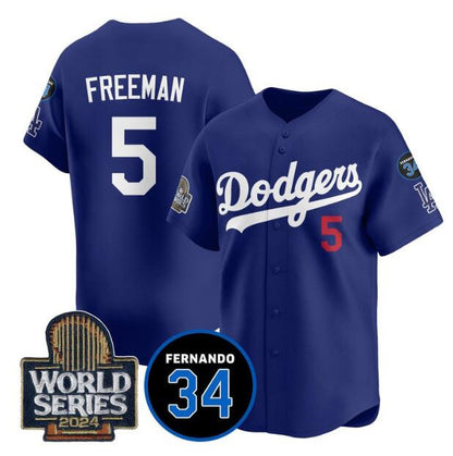 Los Angeles Dodgers #5 Freddie Freeman Royal RONA 2024 World Series With Fernando Memorial Patch Limited Stitched Jersey