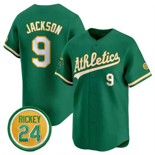 Oakland Athletics #9 Reggie Jackson Green RONA 2024 Limited With Rickey Henderson Patch Stitched Jersey