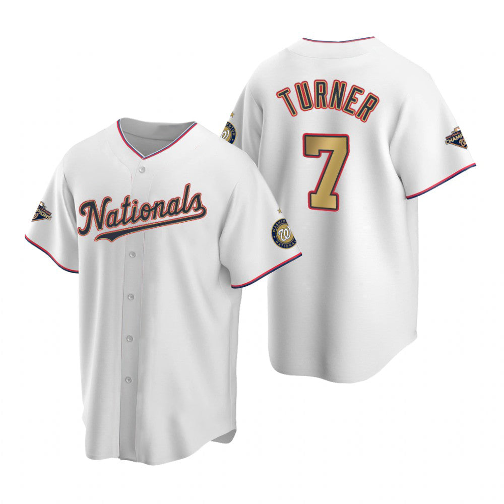 Washington Nationals #7 Trea Turner White Gold RONA 2019 World Series Champions Stitched Cool Base Jersey