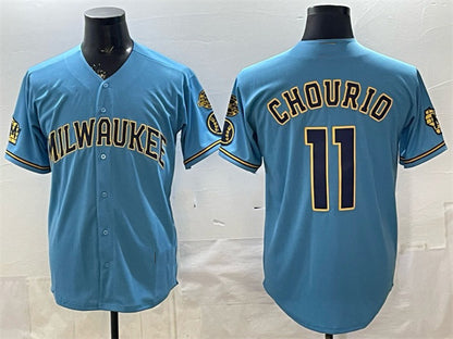 Milwaukee Brewers #11 Jackson Chourio Blue RONA With Home & Bob Uecker Patch Stitched Jersey