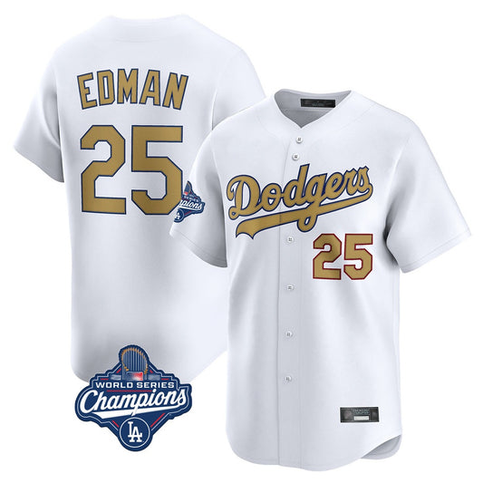 Los Angeles Dodgers #25 Tommy Edman Player White Gold RONA World Series Meet Collection Limited Home Stitched Jerseys