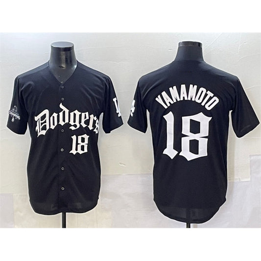 Los Angeles Dodgers #18 Yoshinobu Yamamoto Black RONA 2025 LA Gothic Style With 2024 World Series Champions Patch Vapor Premier Limited Stitched Jersey