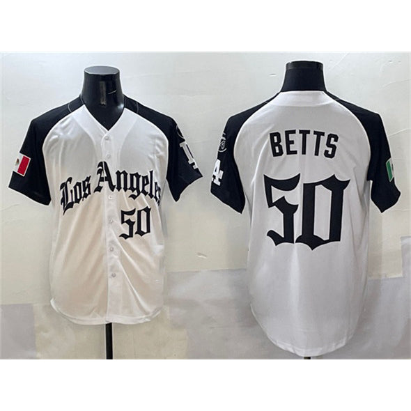 Los Angeles Dodgers #50 Mookie Betts White Black RONA Mexico 2025 LA Gothic Style With Fernando Patch Vapor Premier Limited Stitched Jersey