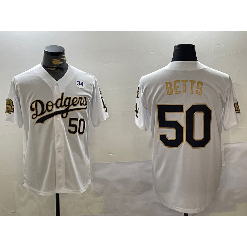 Los Angeles Dodgers #50 Mookie Betts White Gold RONA 2024 World Series With Fernando Memorial Patch Limited Stitched Jersey2