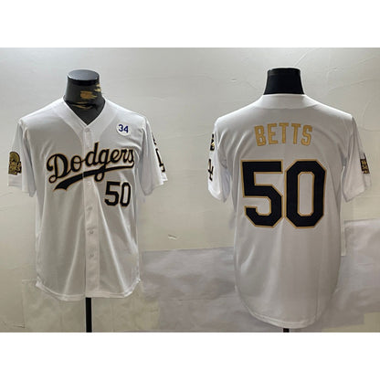Los Angeles Dodgers #50 Mookie Betts White Gold RONA 2024 World Series With Fernando Memorial Patch Limited Stitched Jersey2