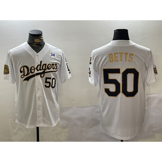 Los Angeles Dodgers #50 Mookie Betts White Gold RONA 2024 World Series With Fernando Memorial Patch Limited Stitched Jersey2