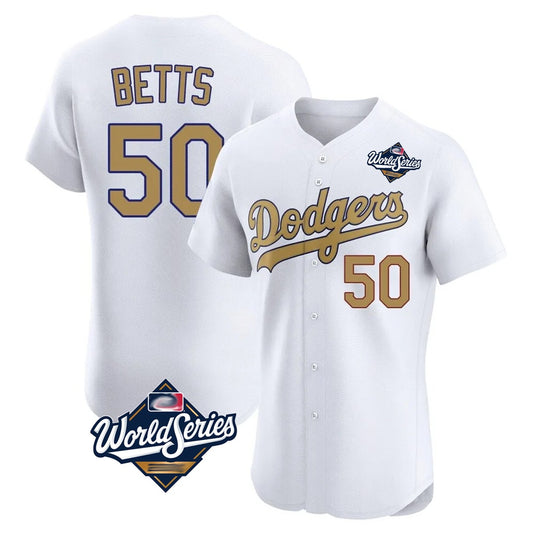 Los Angeles Dodgers #50 Mookie Betts Player White Gold RONA World Series Limited Elite Home Stitched Jerseys