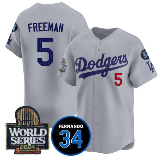 Los Angeles Dodgers #5 Freddie Freeman Grey RONA 2024 World Series With Fernando Memorial Patch Limited Stitched Jersey