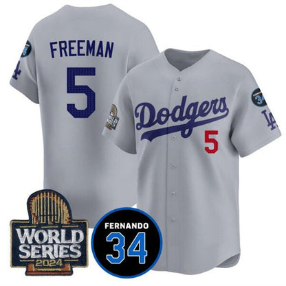 Los Angeles Dodgers #5 Freddie Freeman Grey RONA 2024 World Series With Fernando Memorial Patch Limited Stitched Jersey