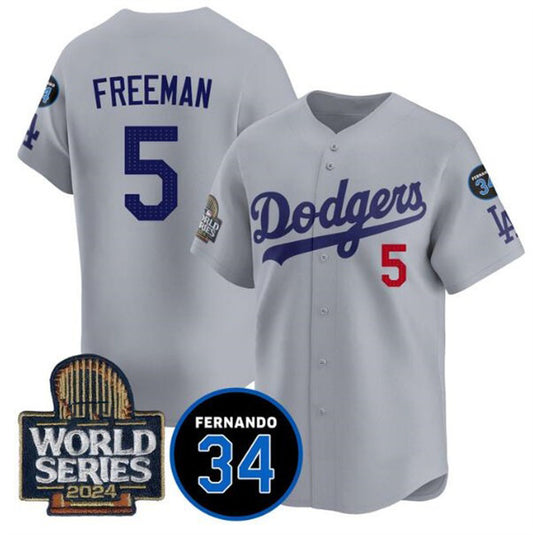 Los Angeles Dodgers #5 Freddie Freeman Grey RONA 2024 World Series With Fernando Memorial Patch Limited Stitched Jersey