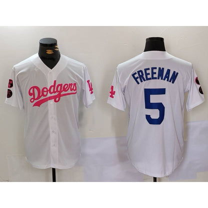 Los Angeles Dodgers #5 Freddie Freeman White Pink RONA Vin & Kobe Patch Stitched Jersey 2