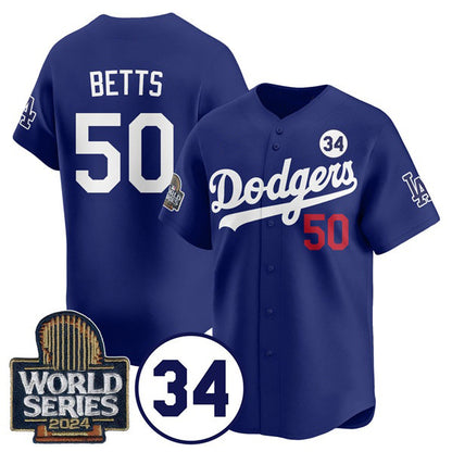 Los Angeles Dodgers #50 Mookie Betts Royal RONA 2024 World Series With No. 34 Patch Cool Base Stitched Jersey