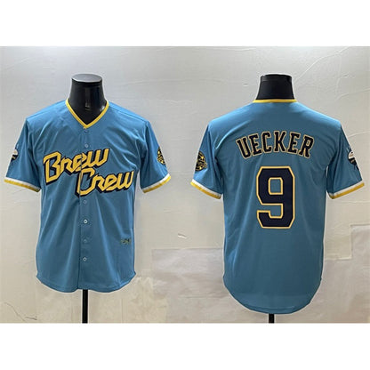 Milwaukee Brewers #9 Bob Uecker Powder Blue RONA City Connect With Patch Cool Base Stitched Jersey