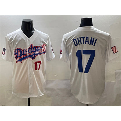 Los Angeles Dodgers #17 Shohei Ohtani White RONA With American Flag Patch Limited Stitched Jersey