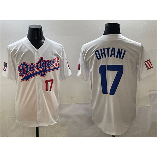 Los Angeles Dodgers #17 Shohei Ohtani White RONA With American Flag Patch Limited Stitched Jersey