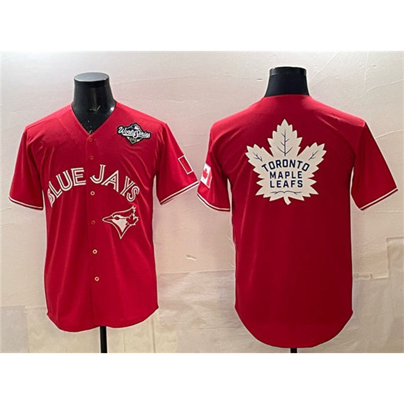 Toronto Blue Jays & Leafs Red RONA 2025 World Series With White Leafs Logo Cool Base Stitched Jersey