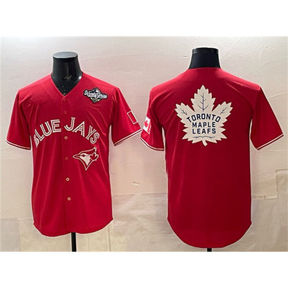 Toronto Blue Jays & Leafs Red RONA 2025 World Series With White Leafs Logo Cool Base Stitched Jersey