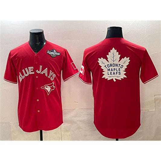 Toronto Blue Jays & Leafs Red RONA 2025 World Series With White Leafs Logo Cool Base Stitched Jersey