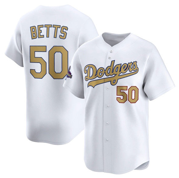 Los Angeles Dodgers #50 Mookie Betts White RONA 2025 Gold Collection Limited Stitched Jersey