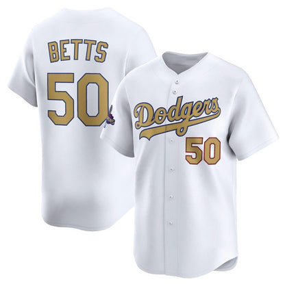 Los Angeles Dodgers #50 Mookie Betts White RONA 2025 Gold Collection Limited Stitched Jersey