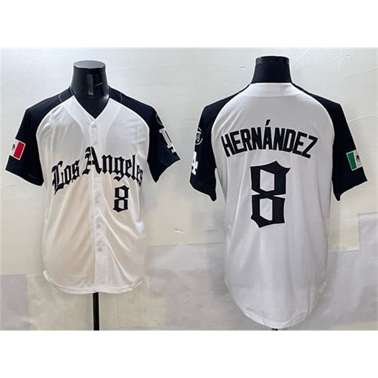 Los Angeles Dodgers #8 Enrique Hern¨¢ndez White Black RONA Mexico 2025 LA Gothic Style With Fernando Patch Vapor Premier Limited Stitched Jersey