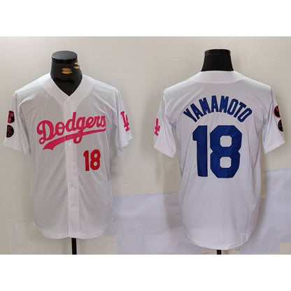 Los Angeles Dodgers #18 Yoshinobu Yamamoto White Pink RONA Vin & Kobe Patch Stitched Jerseys