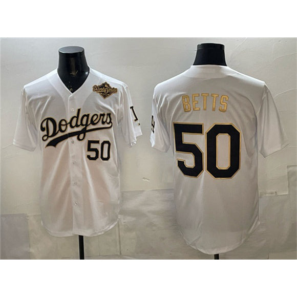 Los Angeles Dodgers #50 Mookie Betts White Gold RONA 2025 World Series Patch Limited Stitched Jersey