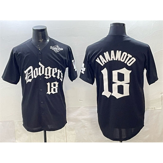 Los Angeles Dodgers #18 Yoshinobu Yamamoto Black RONA 2025 LA Gothic Style With 2025 World Series Patch Vapor Premier Limited Stitched Jersey