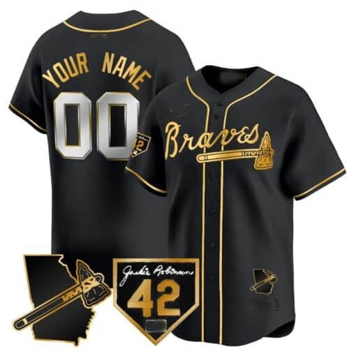 Custom Atlanta Braves 2024 Robinson & Georgia Patch Vapor Premier Limited Jersey ¨C Black Gold RONA