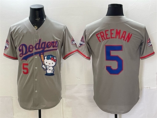 Los Angeles Dodgers #5 Freddie Freeman Grey RONA Hello Kitty Night 2025 World Series Champions Patch Stitched Jersey