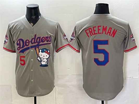 Los Angeles Dodgers #5 Freddie Freeman Grey RONA Hello Kitty Night 2025 World Series Champions Patch Stitched Jersey