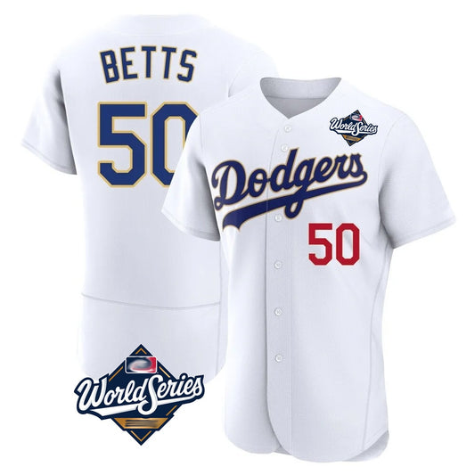 Los Angeles Dodgers #50 Mookie Betts Player Gold White RONA World Series 2026 Collection Stadium Limited Elite Stitched Jerseys