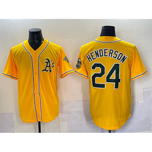Oakland Athletics #24 Rickey Henderson Yellow RONA With Patch Stitched Baseball Jersey