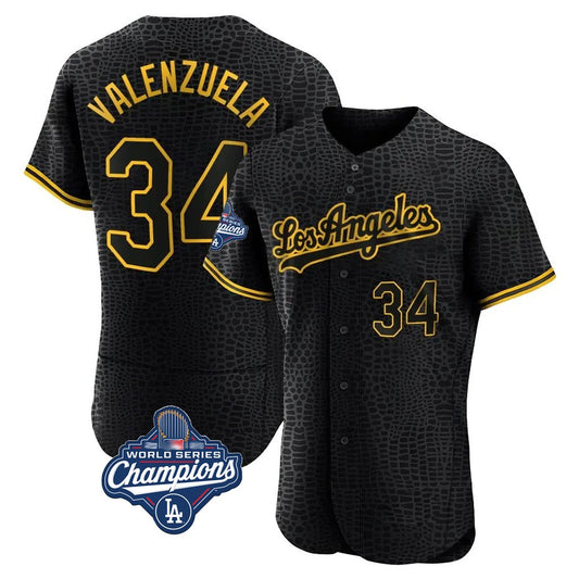Los Angeles Dodgers #34 Fernando Valenzuela Player Black RONA World Series Meet Snake Skin City Limited Elite Home Stitched Jerseys