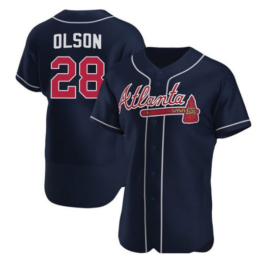 Atlanta Braves #28 Matt Olson Navy RONA Flex Base Stitched Jersey
