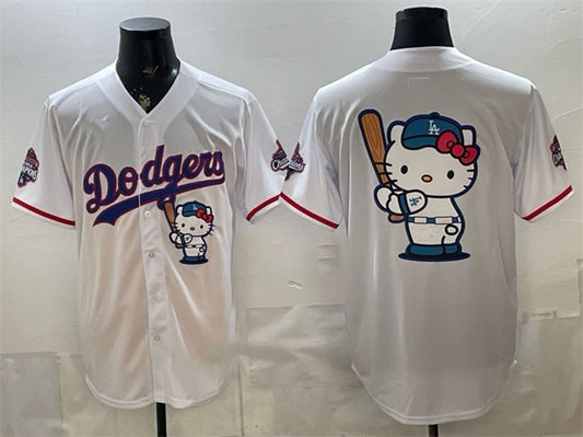 Los Angeles Dodgers Team Big Logo White RONA Hello Kitty Night 2025 World Series Champions Patch Stitched Jersey