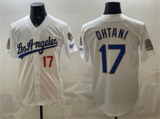Los Angeles Dodgers #17 Shohei Ohtani White RONA 2026 Gold Collection 9x & B2B Champs Patch Stitched Jersey