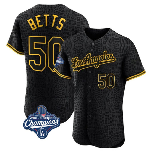 Los Angeles Dodgers #50 Mookie Betts Player Black RONA World Series Meet Snake Skin City Limited Elite Home Stitched Jerseys