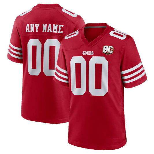 Custom SF.49ers Scarlet 80th Anniversary Game Stitched Football Jerseys