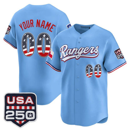Custom Texas Rangers Blue USA 250 Fourth of July Vapor Premier Limited Jersey - All Stitched Baseball Jerseys