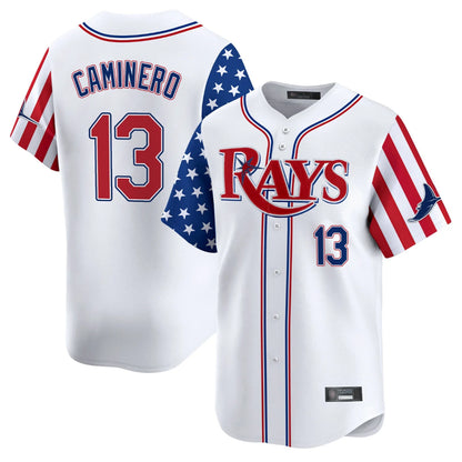 Tampa Bay Rays #13 Junior Caminero Player White 2025 Independence Day Vapor Premier Limited Stitched Baseball Jerseys