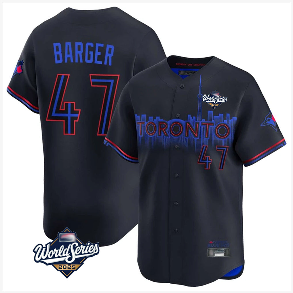 Toronto Blue Jays #47 Addison Barger Player Black 2025 World Series City Connect Stitched Baseball Jerseys