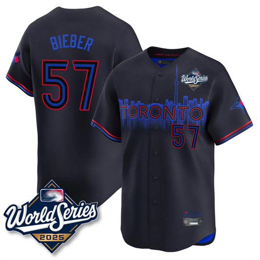 Toronto Blue Jays #57 Shane Bieber Player Black 2025 World Series City Connect All Stitched Baseball Jerseys