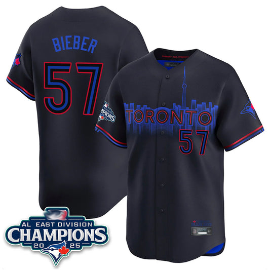Toronto Blue Jays #57 Shane Bieber Player Black AL East Division City Connect Stitched Baseball Jerseys